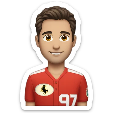 a young white man with no beard and very short dark hair and brown eyes in a red ferrari jersey sticker