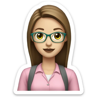 Female coding teacher featuring a laptop. She has long brunette hair, green eyes, pale skin, teal eye glasses, rose lips, and a pink feminine shirt sticker