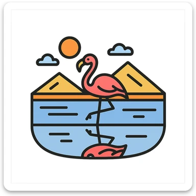 icon style of flamingo walking on Uyuni desert, reflected in salt lake, natural mystery and peacefulness sticker