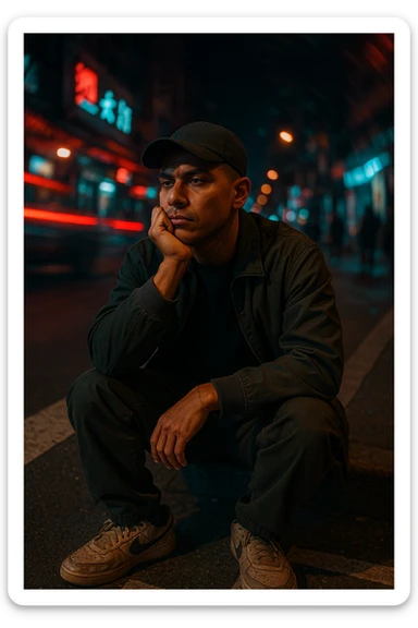 A cinematic night photo of a Southeast Asian man in his early 30s, with a medium tan (sawo matang) skin tone, sitting on the edge of a city sidewalk at night. He is wearing casual streetwear: a dark bomber jacket over a plain oversized T-shirt, loose-fit cargo pants, and worn-in sneakers. A black baseball cap is worn forward, slightly tilted. He sits with one knee up, resting one arm casually across it while the other hand props up his head — his chin resting on his knuckles, as he stares blankly toward the street ahead, deep in thought or zoning out.
The urban background is chaotic and colorful — glowing neon signs, streaks of red and blue light from passing cars, blurred silhouettes of pedestrians. A spiral or radial motion blur effect surrounds the background, emphasizing the stillness of the subject amidst the fast-moving city life.
Cinematic lighting highlights his face softly, with a warm glow on his skin while the surroundings remain moody and dark. The scene has a raw, introspective feel — like a frame from a neo-noir urban film. The ground beneath him is gritty and textured, the crosswalk lines and asphalt adding realism to the scene. sticker