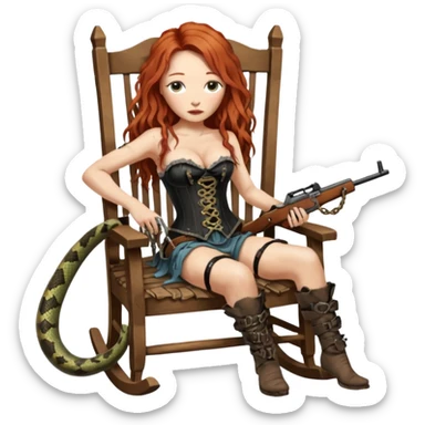 cinematic realistic ultra HD very old and tired Tori Amos casually crouches on a rocking chair in a torn corset, holding a double-barreled rifle and with muddy barefoot - a big snake wrapped itself around the chair sticker
