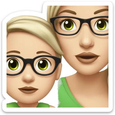 White girl with Black not that long straight hair, with green eyes and glasses, big lips is holding her white, one year old green eyes baby son sticker