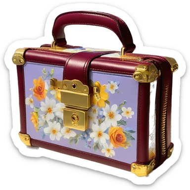 Dolce and Gabbana small burgundy box bag with colourful light lavender blue white yellow orange summer print and golden detais   sticker