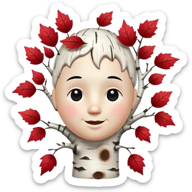 happy big white head made of birch tree with lack marks and red leaves sticker