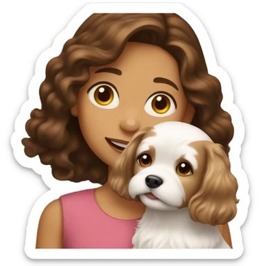A girl with wavy brown hair and brown eyes holds a small white dog. sticker