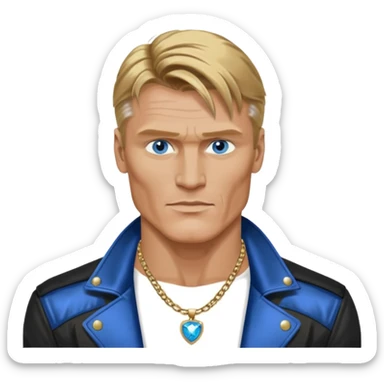 Dolph Lundgern with shirtless with necklace, blue eyes, dark blonde hair, metallic black jacket sticker