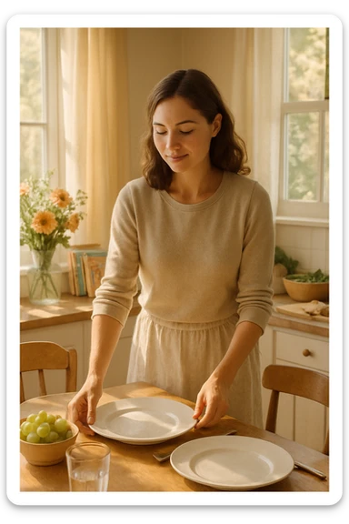 "Donna tra i 30 e i 40 anni, all’interno della sua casa luminosa, mentre prepara la tavola o accudisce i figli con un’espressione dolce e serena. Indossa abiti semplici e curati, simbolo di cura e presenza. Sullo sfondo si vedono dettagli di una casa armoniosa: fiori freschi, libri per bambini, un pranzo in preparazione. La scena trasmette calore, dedizione e stabilità familiare. Elementi visivi di supporto: luce solare che entra dalla finestra, atmosfera calda e rassicurante. Stile realistico con toni caldi e tenui sticker