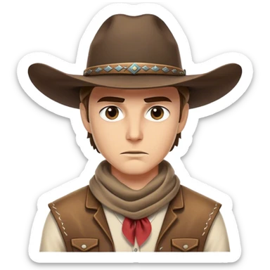 Clash of Clans aesthetic friendly Cowboy Portrait Emoji, With a rugged yet stylized build wearing a classic wide-brimmed hat and bandana, his face rendered in a natural skin tone (not yellow), determined eyes and a steely gaze, Simplified yet dynamic features, highly detailed, glowing with a warm, sunlit frontier radiance, high shine, brave and spirited, stylized with an air of Wild West heroism, focused and ready, soft glowing outline, capturing the essence of a fearless cowboy adventurer ready to ride into epic quests! sticker
