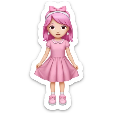 A girl wear a a pink pink dress and pink wacth and a pink hairband and a white shoes sticker