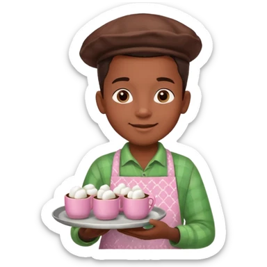 A young black vendor boy with pink cheeks, holding a tray of marshmallow-topped cocoa wearign green patterned apron sticker