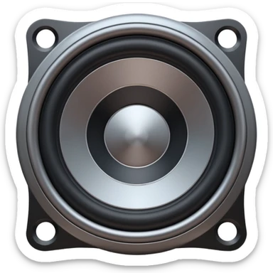 Minimal emoji icon of a modern metallic speaker, front view, detailed geometry, dark metallic body, subtle highlights, isolated sticker