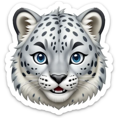 Cinematic-Comical-Snow-Leopard-Portrait-Emoji – Head tilted dramatically with an exaggeratedly amused expression, featuring a thick, spotted white-and-grey coat with a dense ruff around the neck, wide, piercing icy blue eyes filled with playful disbelief zoomed out showing the shoulders sticker