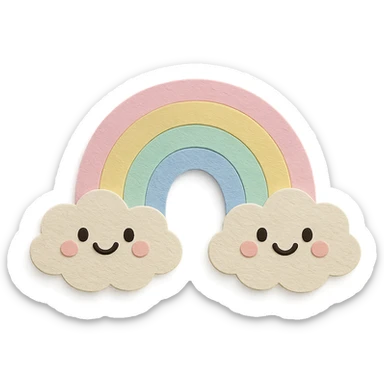 kawaii pastel rainbow stretching between two smiling clouds, soft pastel colors, no limbs, full body, paper craft style sticker