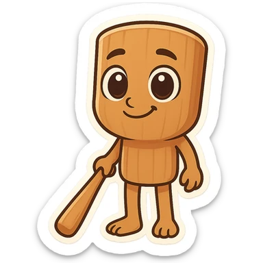 Chibi emoji of Tun Tun Suhoor, wooden stick body, smooth brown texture, big cartoon eyes on the stick, small smile, human arms and legs, holding a wooden bat, absurd and funny meme style, no text sticker