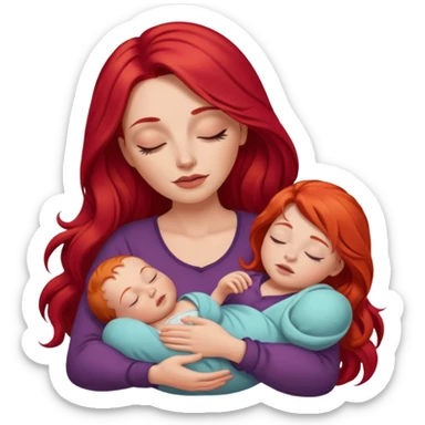 White woman with long red hair and makeup holding a sleeping baby sticker