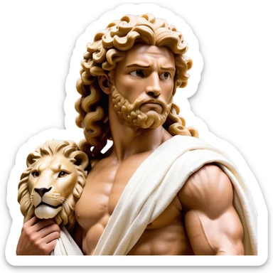 Cinematic Realistic Hercules Portrait, depicted as a classical Greek hero merging the fierce masculinity of the lion-wrestling Hercules with the refined face of Michelangelo's David. His light tan, chiseled skin glows with timeless strength, and his thick, curly, golden brown hair cascades in natural, sculpted curls reminiscent of a warrior’s mane. Draped in a flowing white robe with delicate golden accents and crowned with a traditional Greek laurel wreath, his intense, determined eyes exude noble might, all rendered under dynamic natural lighting with a mythic, radiant glow. sticker
