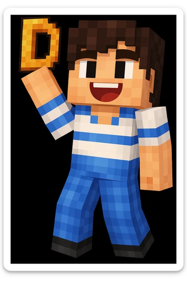 Edit the image to make the character hold the letter D in their hand, keeping the original Minecraft cartoon style and pose. Only add the letter D, do not change anything else. sticker