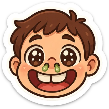cartoon face with big eyes, big nostrils with visible boogers, big smile showing buck teeth, fun exaggerated style sticker