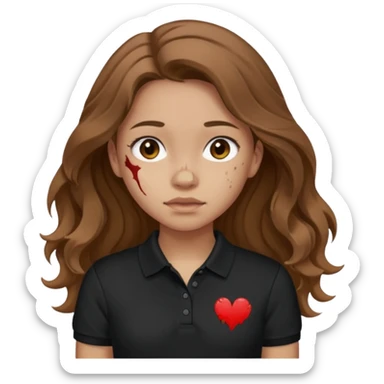crie uma garota com ferimentos cabelo ondulado 2c longo castanho e blusa polo básica preta sticker