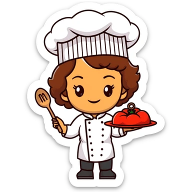 Light brown skinned mixed-race female chef with medium-length curly brown hair, wearing a chef's hat (toque), with both an angel halo and devil horns on her head sticker