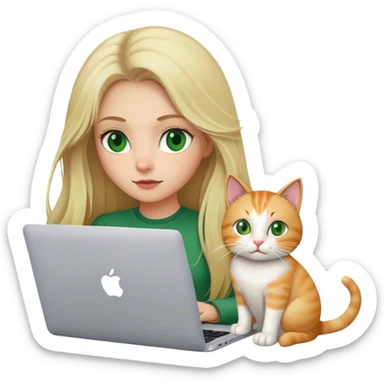 Long hair Blonde girl green eyes with apple MacBook and a cat sticker