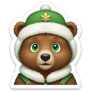 Adorable brown bear with green eyes, white furry ushanka with clear Russian Federation emblem centered on front, minimalist iOS emoji style sticker