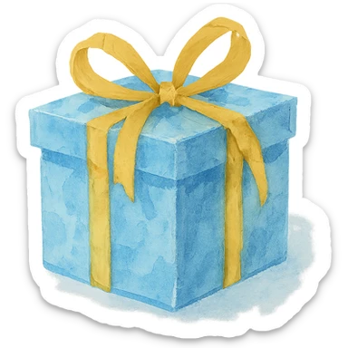 watercolor style light blue gift box with yellow ribbon, loose brushstrokes sticker