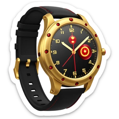 3D render of Laser Watch, secret agent spy gear aesthetic, hidden mechanisms, gold luxury wristwatch emitting a tiny red laser beam, sleek tactical texture, Apple emoji style, isolated on white background --v 6.0. sticker