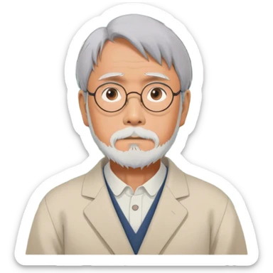 Hayao Miyazaki (filmmaker) – Cinematic Realistic Portrait of Hayao Miyazaki, portrayed with gentle, wise eyes and a thoughtful expression, set against a backdrop of whimsical sketches and animated landscapes reminiscent of Studio Ghibli, rendered with soft natural lighting and rich, detailed textures that evoke creative magic. sticker