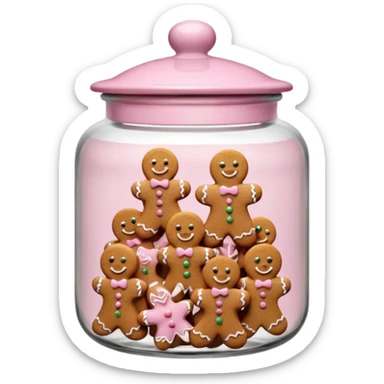 Realistic glass cookie jar with light pink lid full of gingerbread cookies isolated sticker