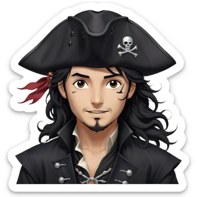 A charismatic pirate with wavy black hair tousled by the breeze. His silver-embroidered tricorn hat casts a shadow. He turns his head slightly, dark eyes glinting with mischief as he looks to the side, a knowing smile on his lips. His black coat, adorned with silver buttons, shifts with the wind sticker