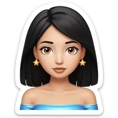 pretty cartoon girl, semi-realistic 3D emoji style, long middle parted straight black hair, tan skin, brown eyes, long eyelashes, soft glam makeup, glossy lips, smooth skin, cute aesthetic, sparkles in hair, white tube top sticker