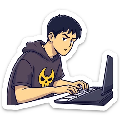 Cool boy with tan skin and black hair, playing PC video games and wearing a Ghostface T-shirt sticker