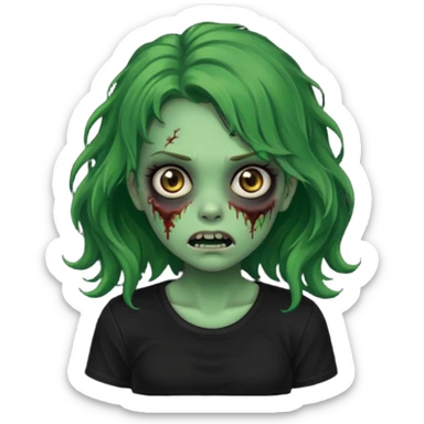 crie um emoji de uma garota zoombie pele verde e cabelo castanho, assustadora e fofa com cabelo ondulado 2b e camiseta básica preta sticker