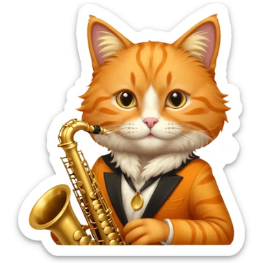 orange cat play gold saxophone sticker