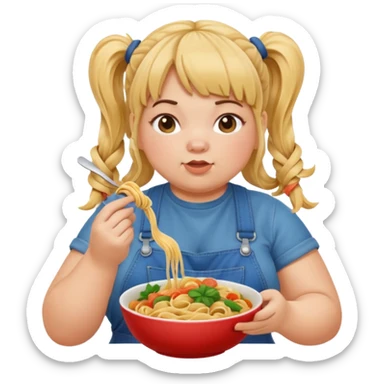 Fat girl with pigtails and bangs in overalls, eating pasta noodles sticker