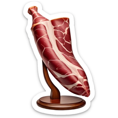 ​Cinematic Realistic Spanish Jamón Leg, depicted as a massive, cured leg of Jamón serrano with a deep reddish-brown hue, intricately marbled and slightly glossy with age, elegantly displayed on a rustic wooden stand and bathed in warm, soft lighting that accentuates its artisanal heritage, sticker