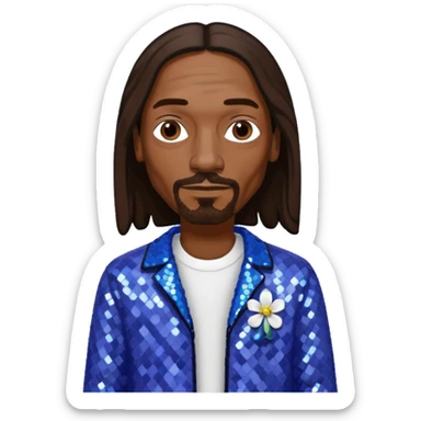 Snoop Dogg with long dark brown hair, periwinkle sequin outfit sticker