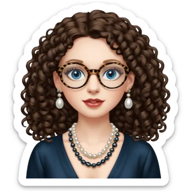 a blue eyed woman with very long brunette curly hair, full lips,and really pale skin. She is wearing a leopard printed thin round-ish glasses . She is wearing fully plain silky black dress. She is wearing pearl necklase and pearl earrings. saying hello sticker
