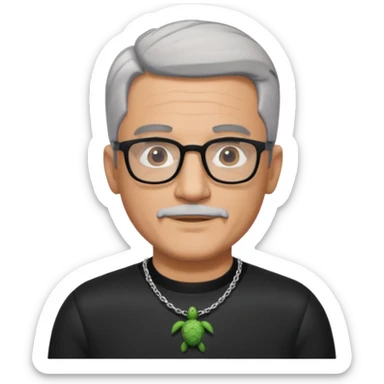 Tony Barceló is a large, strong, lively man in his 70s with short, neatly combed gray hair and a trimmed goatee. He has a broad round face, square glasses, and a confident presence. He wears a black outfit with a silver turtle necklace, reflecting his thoughtful, creative energy as a writer. sticker