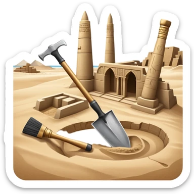 An icon showing archaeological tools—trowel, brush, and pickaxe—laid out on the sand, with the ancient Karnak temple ruins in the background. The design symbolizes exploration and discovery of ancient Egyptian history. Transparent background sticker