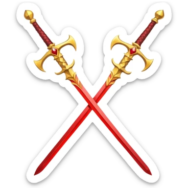 Two crossed swords that are golden in blade and handle and have fiery and royal appearence to them as well as red gem stones yellow in color sticker