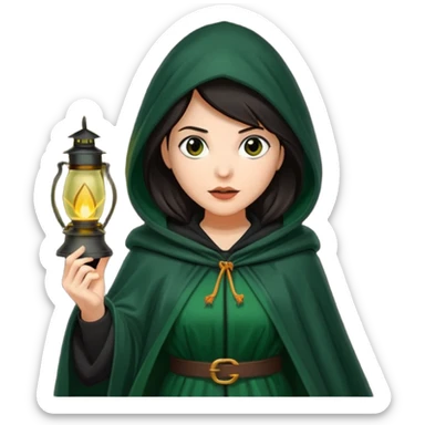traitor tv show, dark haired woman wearing dark green cloak with hood up who looks very evil and is holding up a lantern sticker