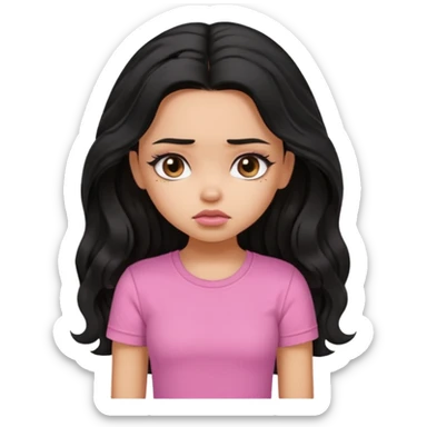 a pretty bratz girl with long wavy black hair, wearing a pink tshirt. looking sad sticker