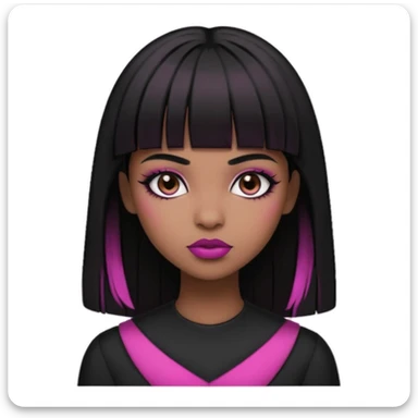 brown skin, straight hair with the ends curved upwards, bangs above the eyebrow, dark brown eyes, girl, half gothic and pink style   sticker
