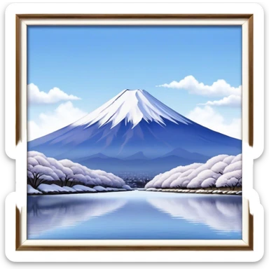 Cinematic Realistic Mount Fuji Landscape Emoji, depicted with the iconic snow-capped peak set against a serene sky rendered with lifelike textures and breathtaking, natural lighting. sticker