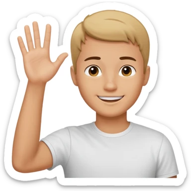 joven trigueño corte de pelo muy cortito polera blanca sonrisa bonita saludando mano arriba sticker