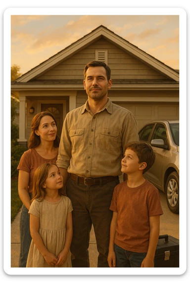 Uomo tra i 35 e i 45 anni, in piedi con postura fiera davanti alla sua casa, circondato dalla famiglia: moglie e figli lo guardano con rispetto e affetto. Indossa abiti semplici ma ordinati, simbolo di lavoro e stabilità (camicia, pantaloni, magari una cassetta degli attrezzi o una valigetta vicino). Sullo sfondo elementi che richiamano i suoi ruoli: casa ordinata, auto familiare, strumenti di lavoro, simboli di protezione e presenza. Espressione serena, forte ma accogliente. Colori caldi, luce naturale del tramonto. Stile realistico, atmosfera rassicurante e simbolica sticker
