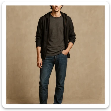 a slender character with dark red hair, brown eyes, casual pose, contemporary look sticker