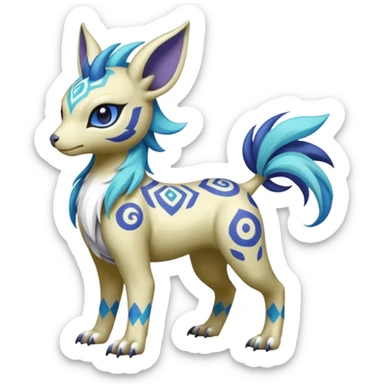 Colorful Adept Asian Tropical Tiny Marked Patterned Tribal Painted Garurumon-Meloetta-Absol-Suicune-Cobalion-fusion-hybrid-creature (full body) sticker